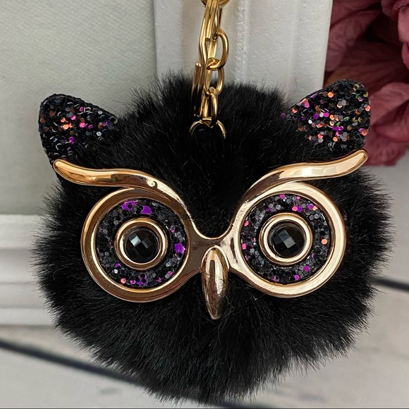 Fluffy Black Owl with Glasses Pom Pom Keychain - Picture 4 of 14